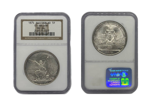5 Francs 1874 Suiza NGC