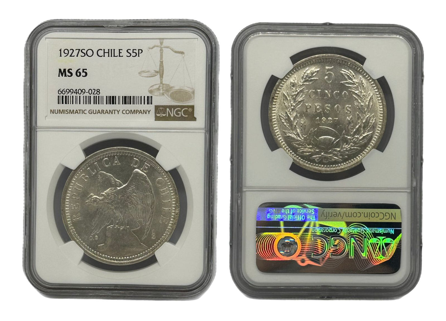 5 Peso Plata 1927SO Chile NGC