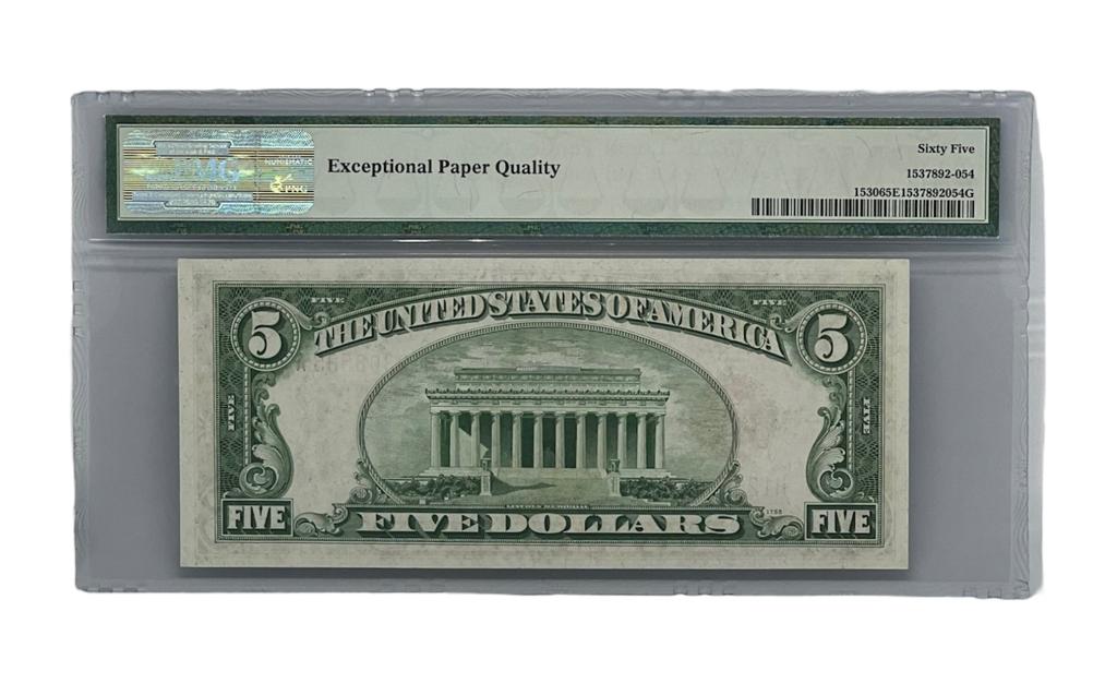 $5 Legal Tender Note, 1928E Fr-1530, PMG 65 Gem UNC