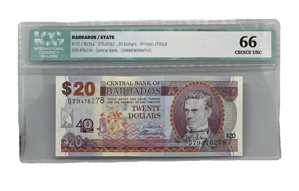 20 Dolar, Barbados, P-72/B231a 2012, ICG 66 Choice UNC