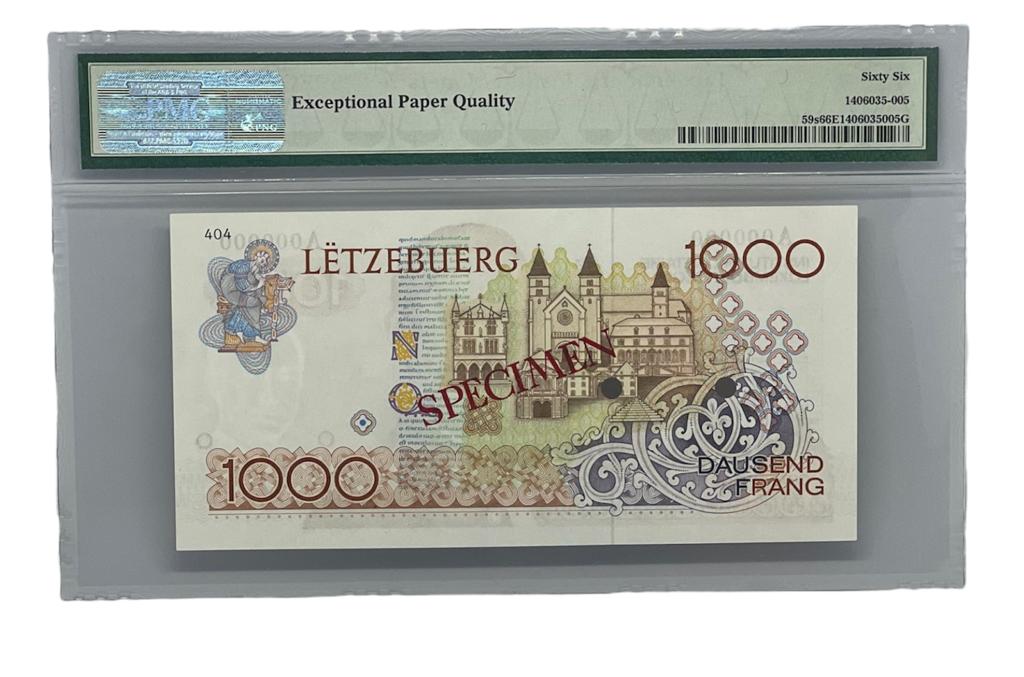 1000 Francs SPECIMEN, P-59s, ND (1985), Luxemburgo, PMG 66 Gem UNC