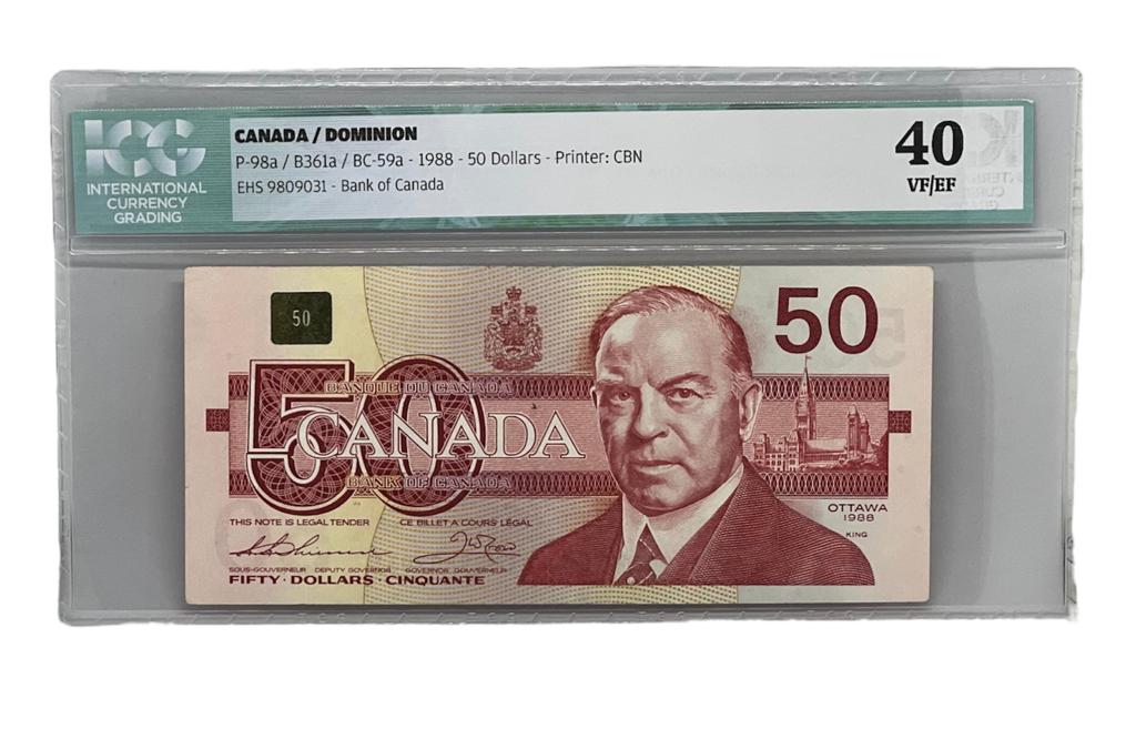 50 Dólar, P-98a, Canadá 1988, ICG 40 VF/EF