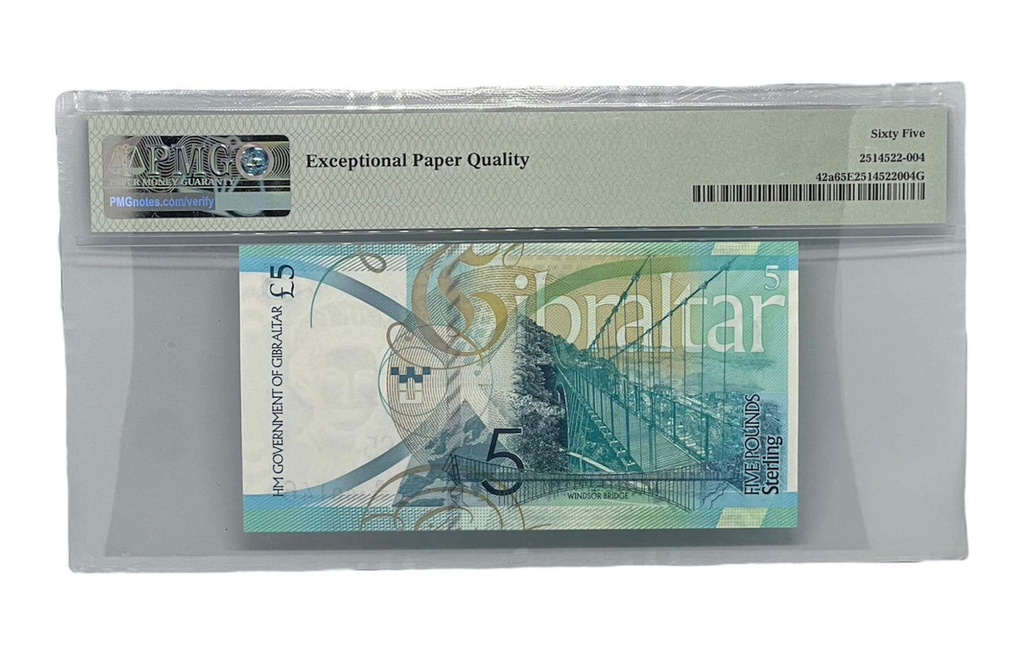 5 Libra, Gibraltar, 2020, P-42a PMG 65 Gem UNC