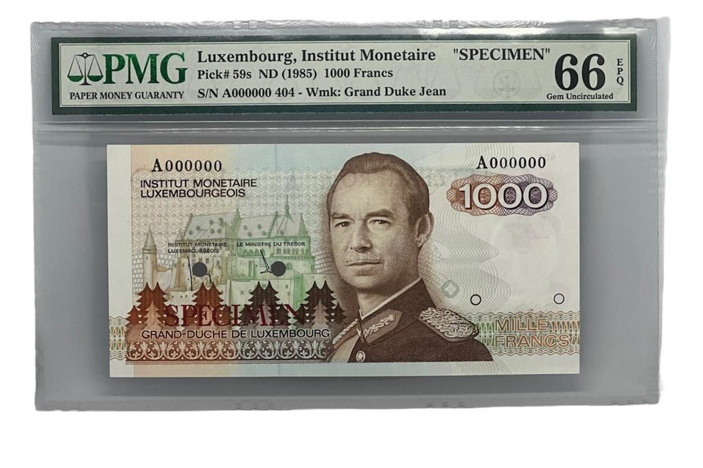 1000 Francs SPECIMEN, P-59s, ND (1985), Luxemburgo, PMG 66 Gem UNC