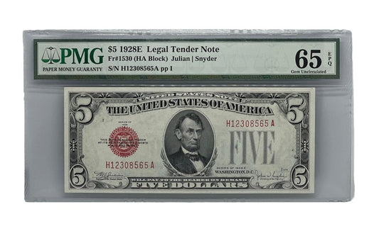 $5 Legal Tender Note, 1928E Fr-1530, PMG 65 Gem UNC