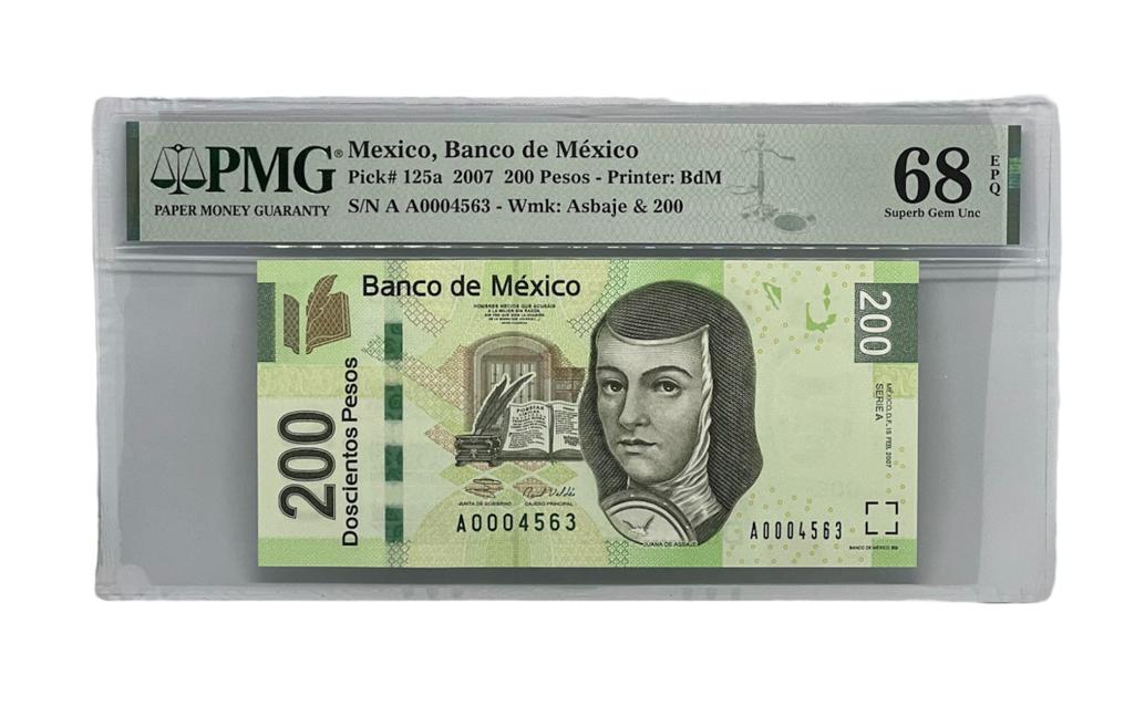 200 Pesos, P-125a, México 2007, PMG 68 Superb Gem UNC