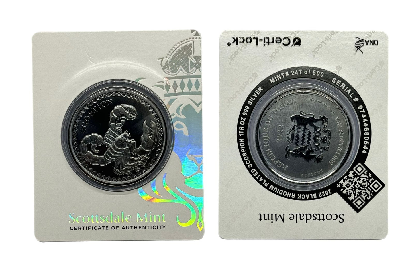 500 Francs 2022 1TR oz 999 Plata - Black Rhodium Plated Scorpio