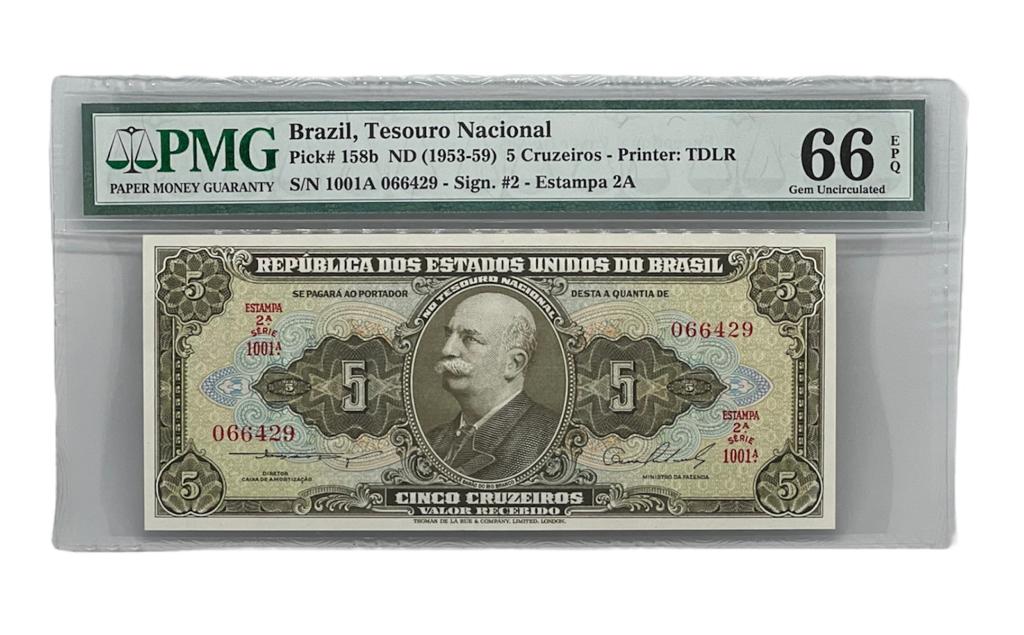 5 Cruzeiros. Brasil, P-158b ND (1953-59), PMG 66 Gem UNC