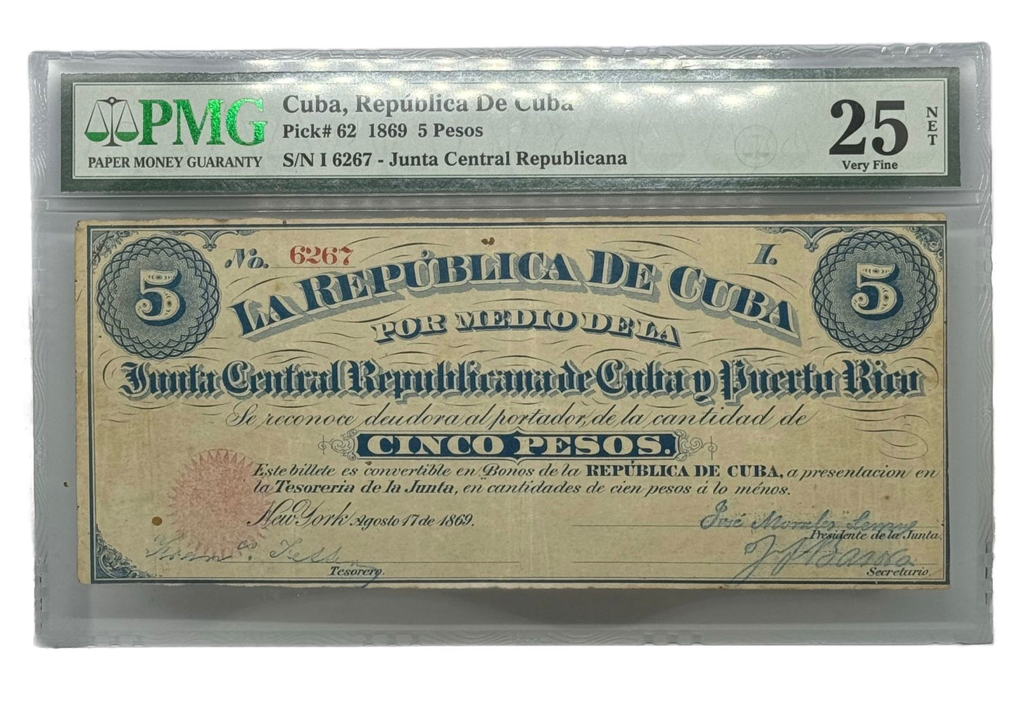 5 Pesos 1869 Cuba, República de Cuba PMG 25VF